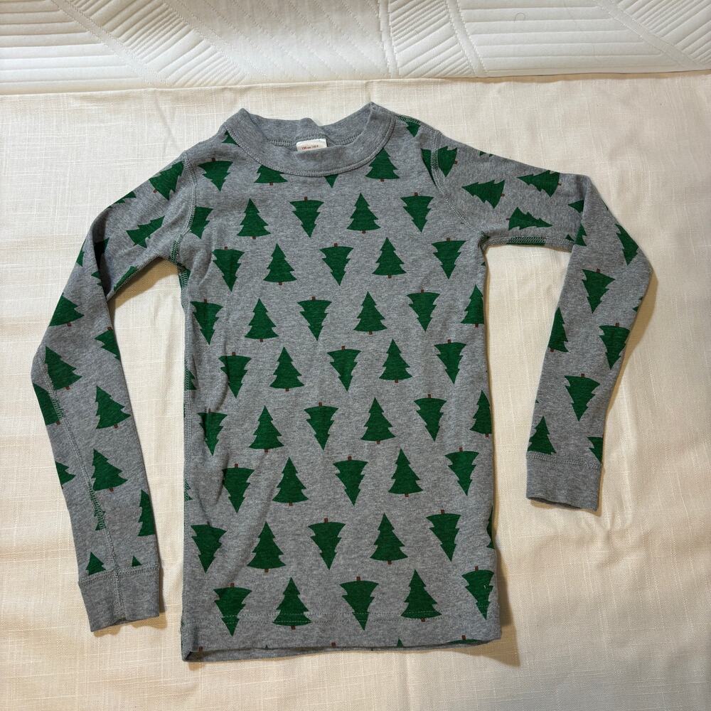 Hanna Andersson 130 US 8 Christmas Tree Pajama Top Organic Cotton Gray Green